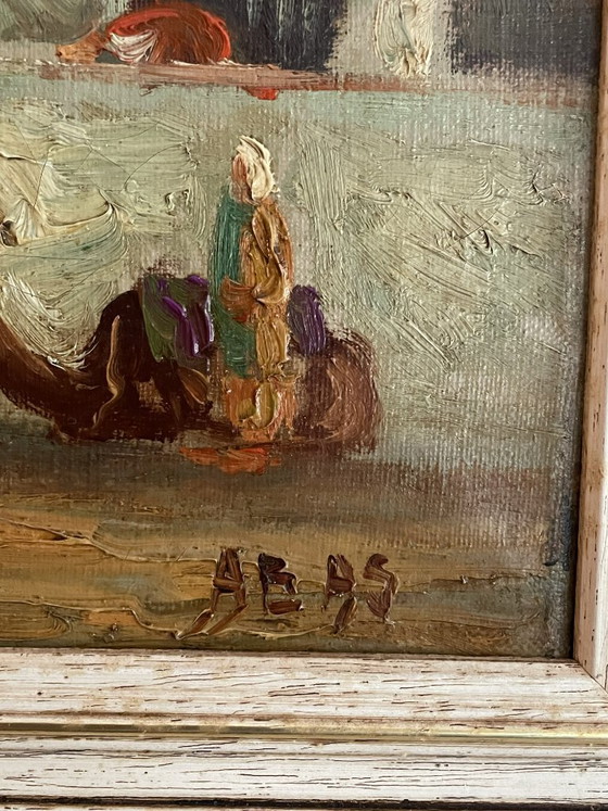 Dipinto a olio con scena orientale, firmato AB 95, Dipinti e disegni, Tela, Legno, Verde, Figuratief (foto 6 di 6)