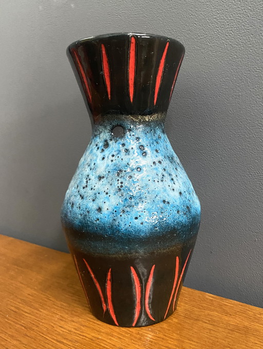Vase de l'Allemagne de l'Ouest par Scheurich modèle 523-21 bleu, noir et rouge