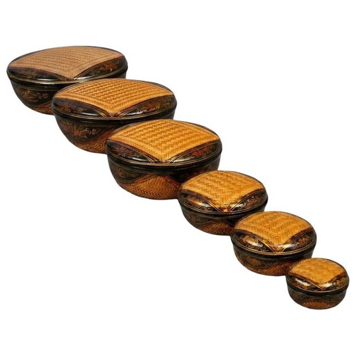 Set of 6 Nesting Boxes in Woven Bamboo and Polychrome Lacquer – Indochina Mid-20th Century