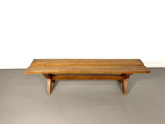 Image 1 of Franse brutalistische bank van massief eikenhout uit het midden van de 20e eeuw, jaren 60.