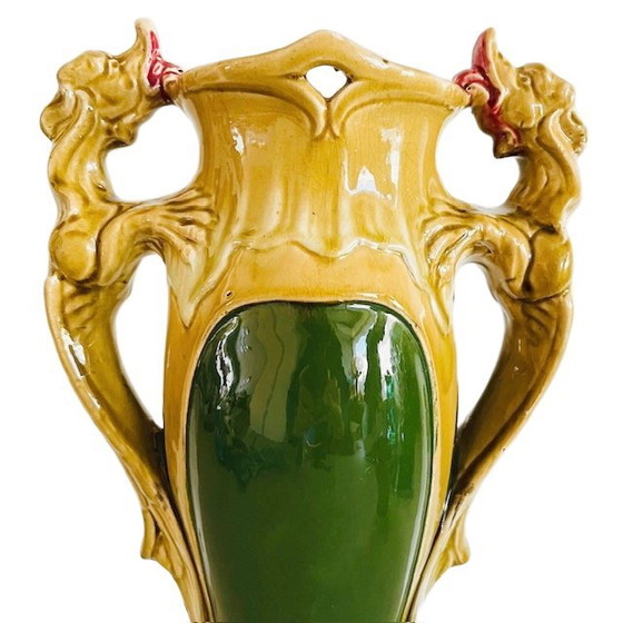 Image 1 of Antique XL Art Nouveau Barbotine vase green ceramic Majolica 1900's