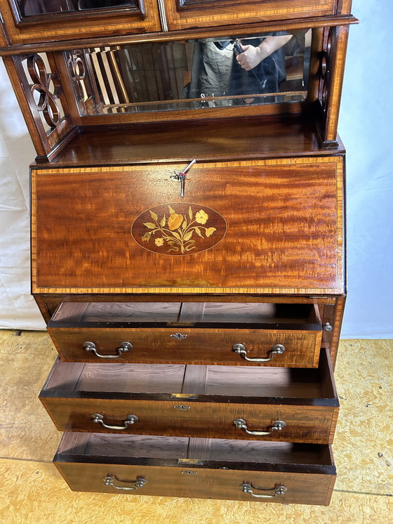 Image 1 of Antiek Edwardiaans Bureau met Ingelegd Bloemendetail - Begin 20e Eeuw Elegantie tijdloos raffinement met