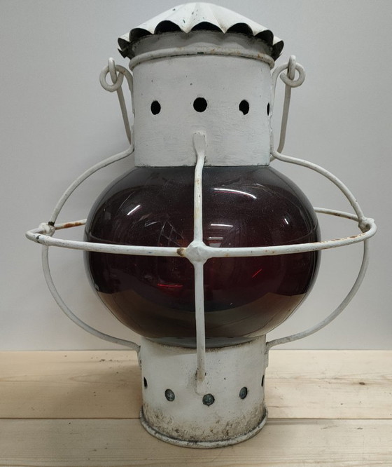 Ship's Lantern 360 Degrees With Spherical Red Glass, Pendant lamps, Metal, White, Vintage (photo 8 of 8)