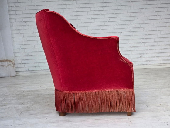 1970s, Danish 2-Seater Sofa, Red Furniture Velour, Ash Wood Legs. – 2 seaters, Velvet (photo 14 of 20)