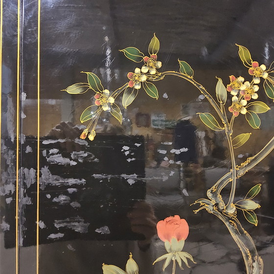 Image 1 of Vintage Chinese zwarte lakkast vogels en bloemen bohemian /bohemian kast (tv kast) oosterse kast 