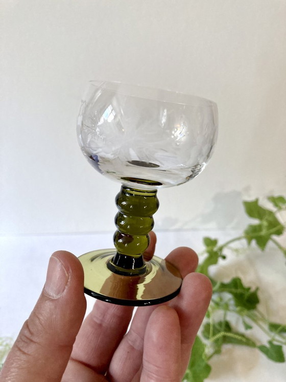 Image 1 of 6 small Roemer liqueur glasses, moss green stepped stems