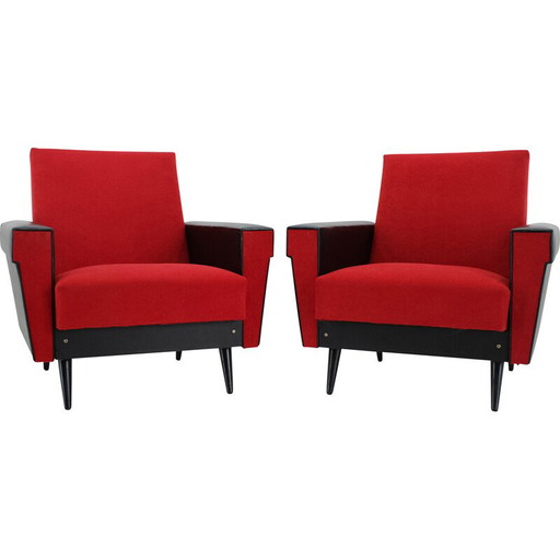 Pareja de sillones vintage en polipiel y tela roja, Checoslovaquia, años 70