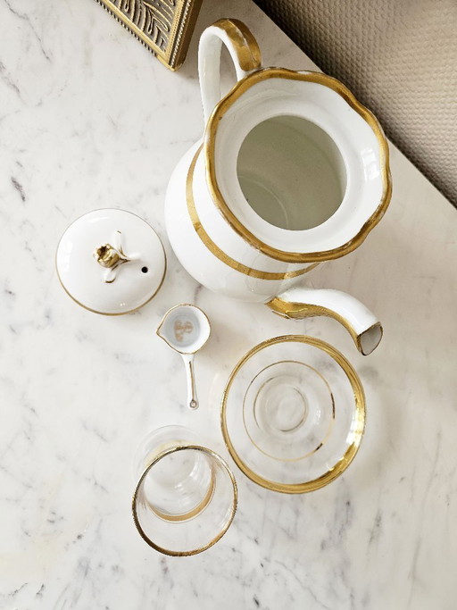 Juego de té de lujo con accesorios, Restaurante Lasserre París, fina porcelana bañada en oro y cristal Paşabahçe.