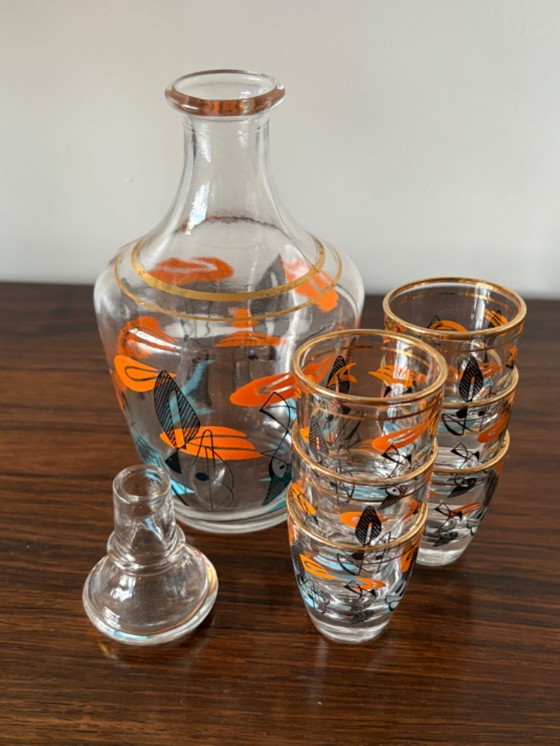 Image 1 of Magnifique ensemble de carafe à liqueur de style atomique des années 1960