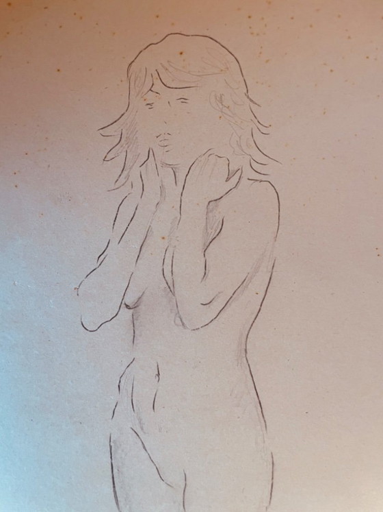 Image 1 of Nude female drawing "sketchbook hand held high" on antique cardboard