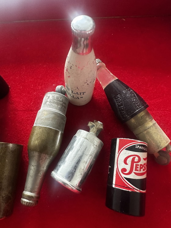 Image 1 of Lot of 7 Vintage Lighters in Pepsi-Cola / Holsteen Beer / Avrilla Milk Bottles etc.