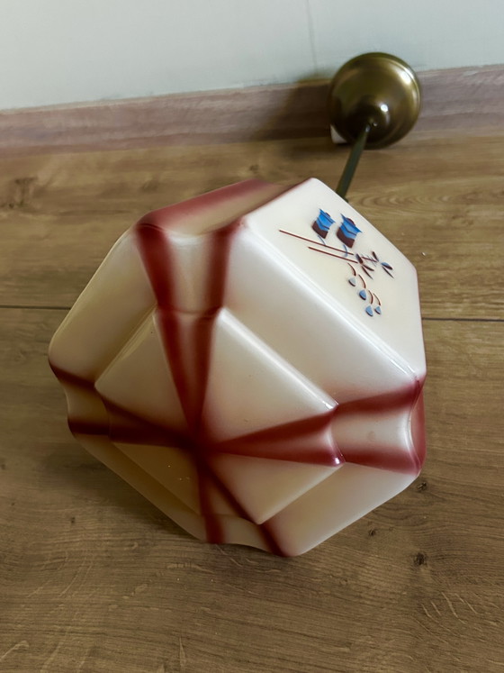Exklusive Art-Deco-Pendelleuchte aus den 1930er-Jahren – Sechseckiges Opalglas mit Sprühdekor – Art Deco (photo 6 of 9)
