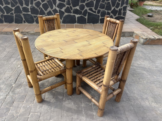 Mid-Century Vintage Chunky Bamboo Dining Set - Round Table & 4 Chairs (1970s) – Dining tables, Other (photo 2 of 8)