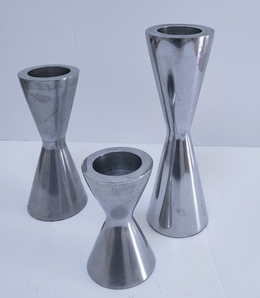 Three diabolo aluminum candle holders, 90s design