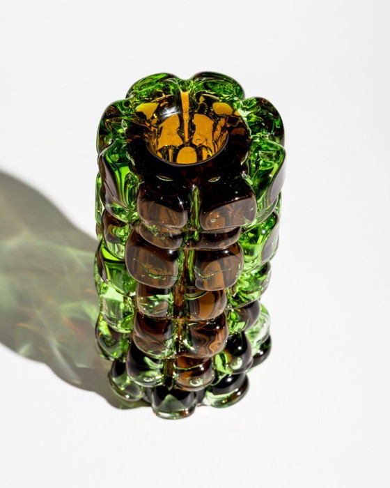 Image 1 of Skrdlovice “Ananas” Vase by František Vízner, 1971 Amber & Green Czech Art Glass