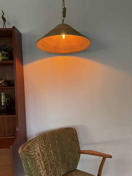Image 1 of Lampada a sospensione vintage in rattan, stile Gabriella Crespi anni '70