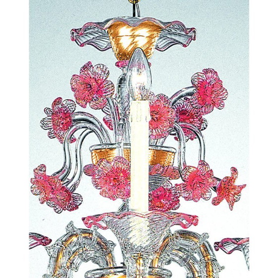 Image 1 of Venetiaanse kroonluchter "Ca' Rezzonico" in transparant Murano-glas met roze bloemmotief.