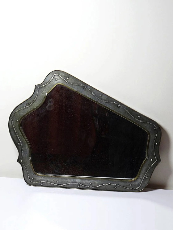 Miroir brutaliste de Jean Goardère, laiton et étain, années 1970. – Bois, Métal (photo 6 of 17)
