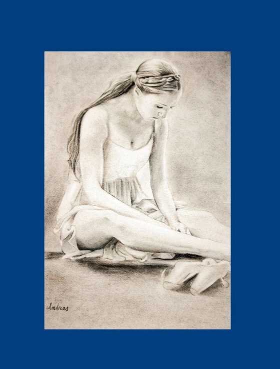 Image 1 of Charcoal drawing of a seated ballerina. Painting of a ballerina. New.