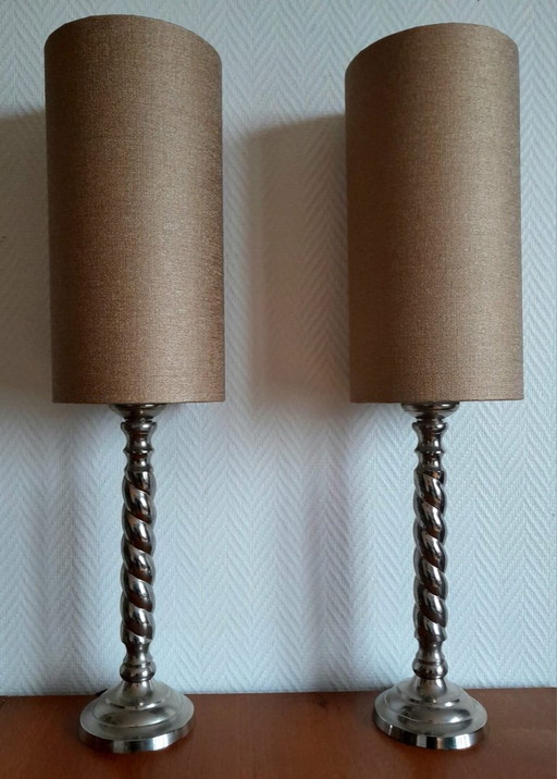 2x silver metal twisted column lamps