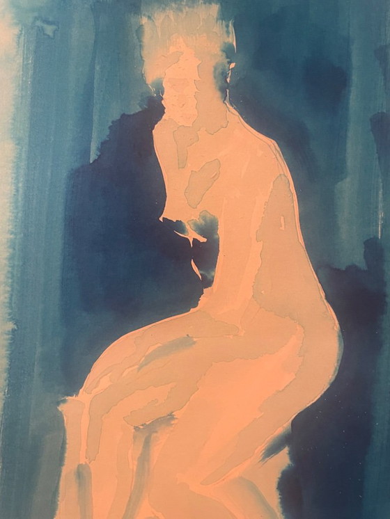 Image 1 of Monochroom blauw aquarel gesigneerd "blauwe dame" de pose