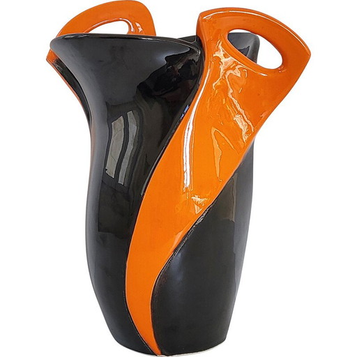 Vase vintage en céramique orange et noire, 1950