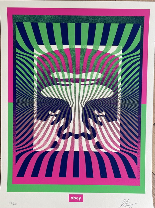 Shepard Fairey (Obey), icona Op-Art (sfumatura verde), firmata e numerata a mano dall'artista. Edizione limitata 113/250.