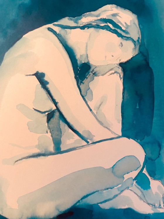Image 1 of Set of 2 monochrome blue watercolor portraits of a woman, "blueTime"