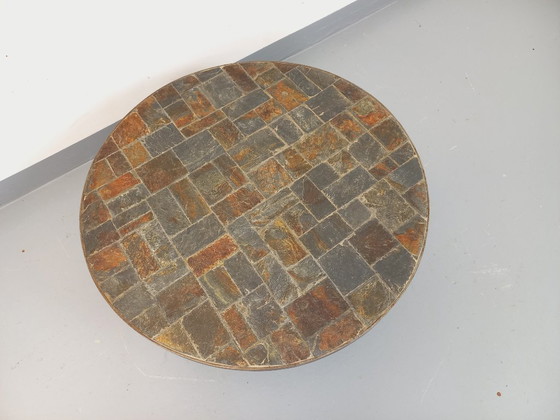 Image 1 of Brutalist vintage round coffee table in metal and slate from the 70s