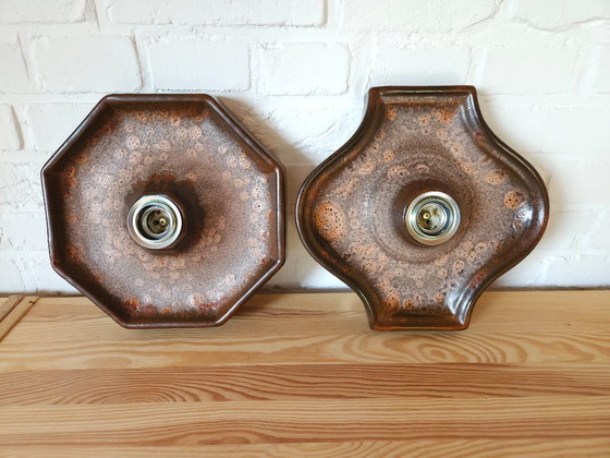 Image 1 of Keramieken aardewerken bruine vintage wandlamp, west germany fat lava stijl, keramische retro wandlamp, space age lamp