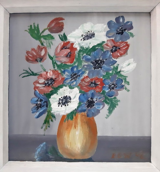 Image 1 of Dipinto ad olio d'epoca su pannello di truciolato, raffigurante fiori in un vaso