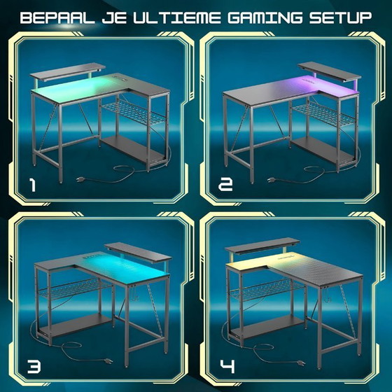 Image 1 of Escritorio para juegos Five Stars® en forma de L - 107 x 80 x 76 cm - Escritorio para juegos con iluminación LED - Negro carbono