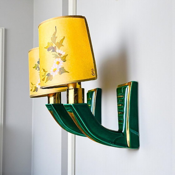 Image 1 of PAIR French Art Deco green ceramic wall sconces with hand-painted half shades, 1940s,