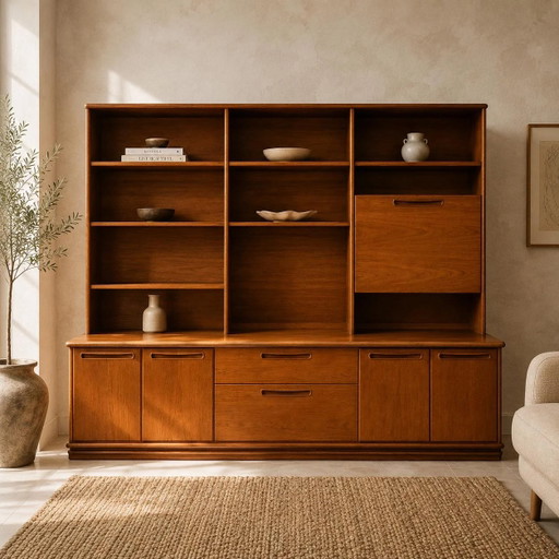Mid-Century Teak Wandschrank, 1960er dänischer Stil, Vintage Modulmöbel mit Sideboard, Regalen & Barfach, für Wohnzimmer