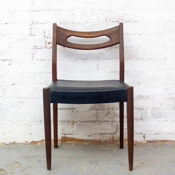Image 1 of Teakhouten en zwart lederen stoelen, jaren 1950, set van 6