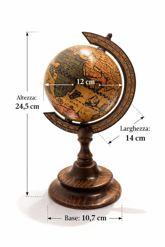 Image 1 of Vintage wereldbol met oude wereldkaart - Houten bureauwereldbol - Antieke zeewereldbol - Woondecoratie in mid-century stijl