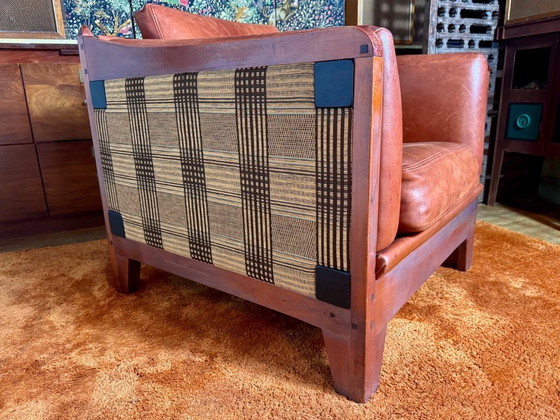 Image 1 of Schuitema Shaker comfortable club armchair in cognac aniline leather with graphic textile panels all around