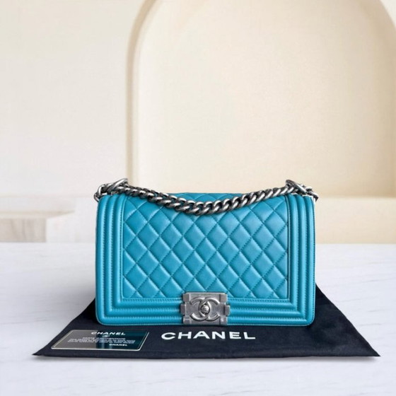 Image 1 of Chanel Boy Medium - 25CM Quilted Lambskin Blue Silver Hardware Series 19
