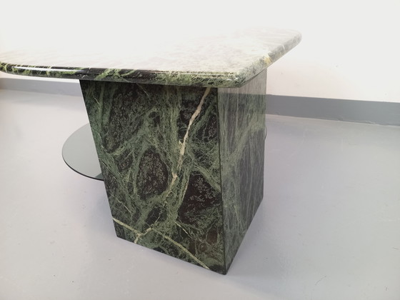 Image 1 of Vintage Square Coffee Table with 2 Tops in Green Marble and Smoked Glass from the 70s
