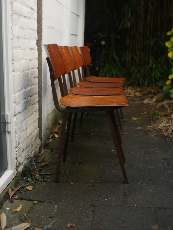 Image 1 of 4X Marko Kwartet 60S Vintage Stoelen - Pagholz (Met Hars Bekleed Hout) - Bruin Frame