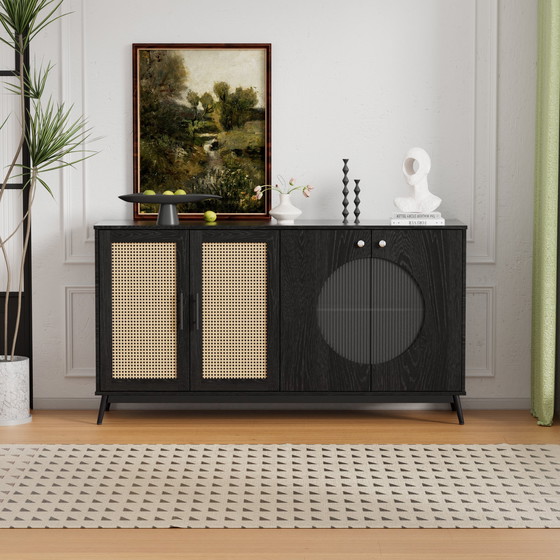 Image 1 of Credenza nera Urban Meuble con ante in vetro in rattan, anta semicircolare 160*40*80cm VELZU