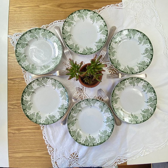 Image 1 of Set of 6 Saint Amand et Hamage ironstone dinner plates, green plane tree pattern