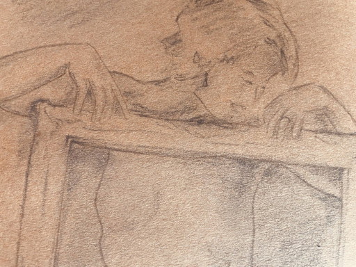 Houtskooltekening van een vrouwenportret "Keuze van de lijst in het atelier"