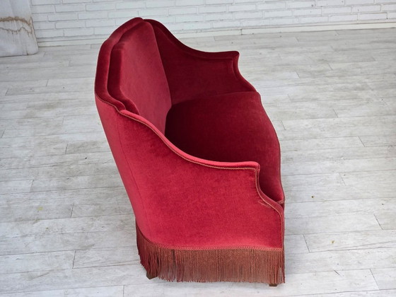1970s, Danish 2-Seater Sofa, Red Furniture Velour, Ash Wood Legs. – 2 seaters, Velvet (photo 13 of 20)