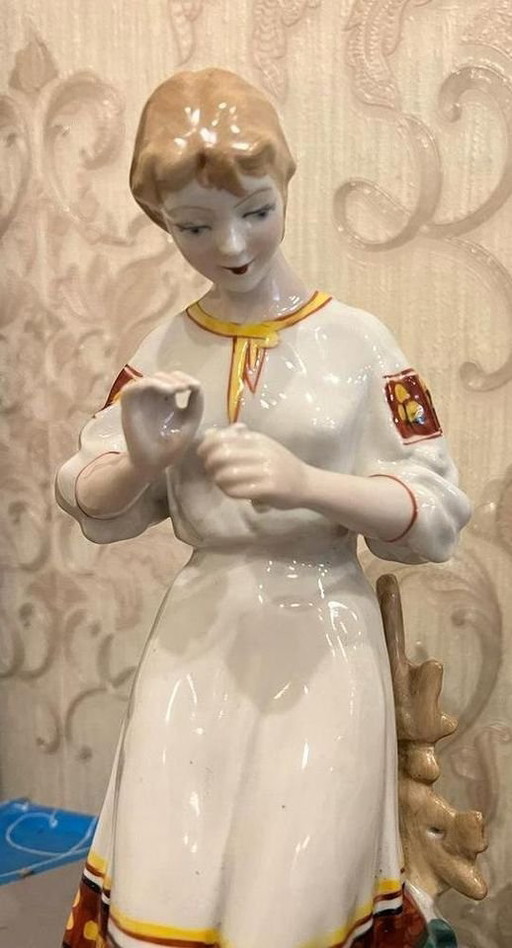 Porcelain figurine - ZHK Polonne - Ukrainian woman with flower - Russia, USSR - 1950 - height 30 cm