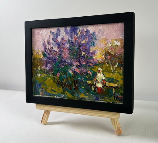 Original Oil Painting Summer Flowers Landscape On a walk near the lilacs