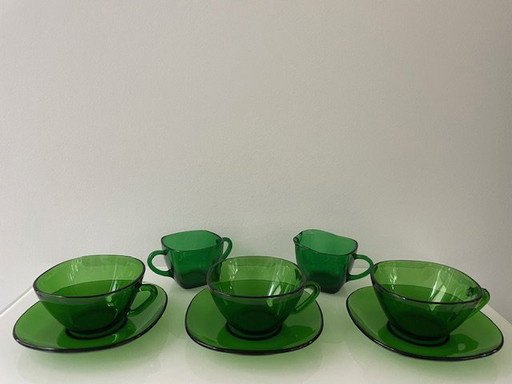 3X tasses et soucoupes en verre vintage avec sucre et lait (Vereco France)