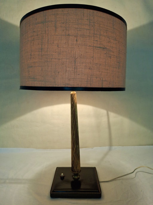 1950s Jacques Adnet Style Leather and Twisted Brass Table Lamp/jute/midcentury modern/French designer