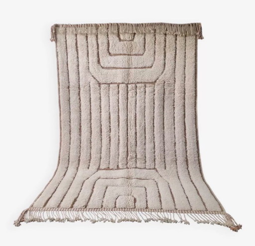 Tapis écru de Beni Ouarain, motifs géométriques et courbes - Fait main 3x2M