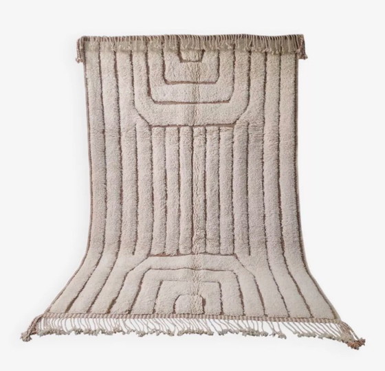 Image 1 of Tapis écru de Beni Ouarain, motifs géométriques et courbes - Fait main 3x2M